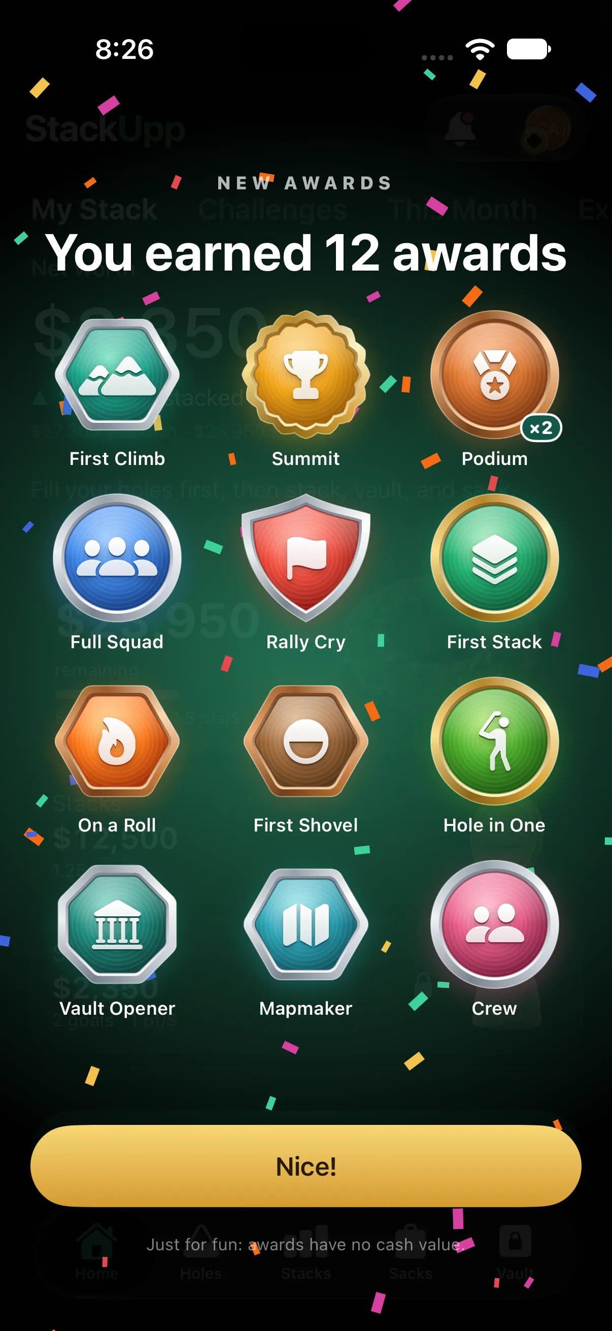 A New Awards screen with twelve collectible award badges such as First Climb, Summit and Hole in One, with confetti