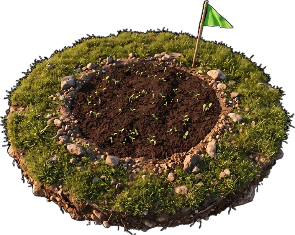 The same hole, filled in with soil and new sprouts, and a green flag