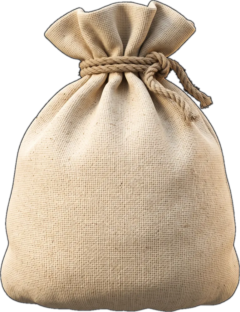 A canvas money sack tied at the top