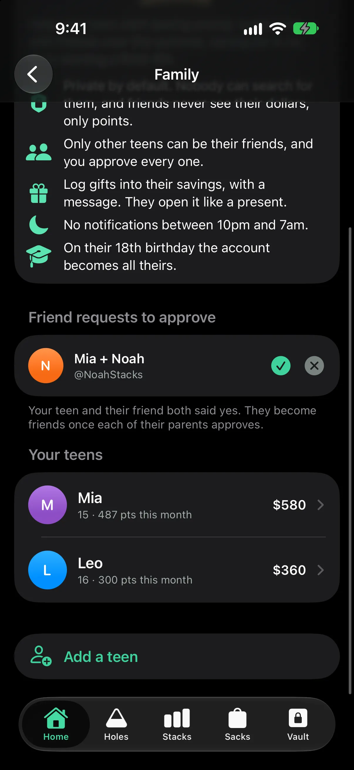 The Family screen: a friend request to approve between Mia and Noah, then the parent's teens Mia and Leo with their points and balances, and Add a teen