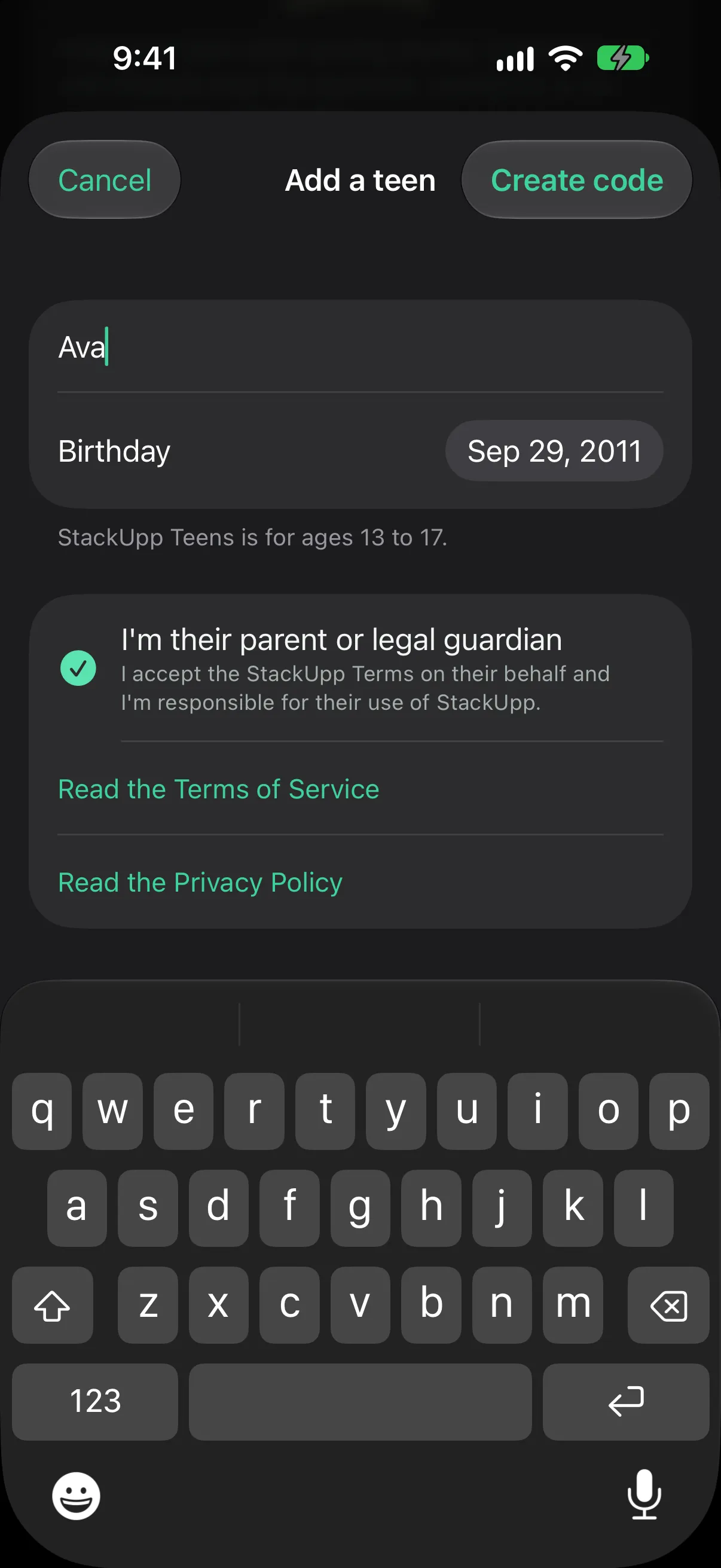 The Add a teen sheet: first name Ava, birthday, and the checked line I’m their parent or legal guardian, with the keyboard open