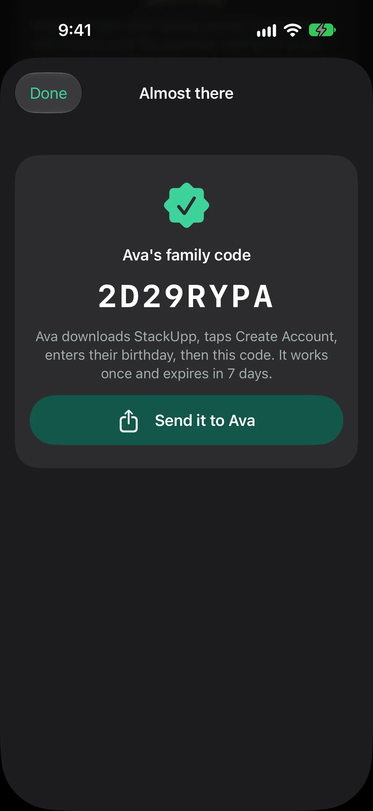 The family code screen with a one-time code and a share button