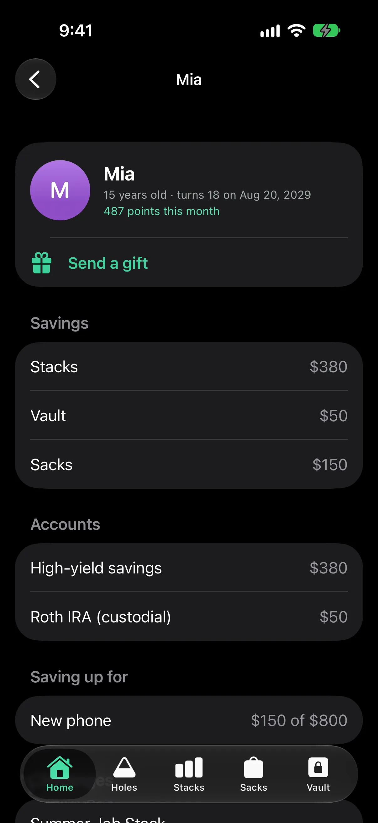 A parent's view of Mia: 15 years old, 487 points this month, Send a gift, savings by pot, accounts including a custodial Roth IRA, and what she's saving up for