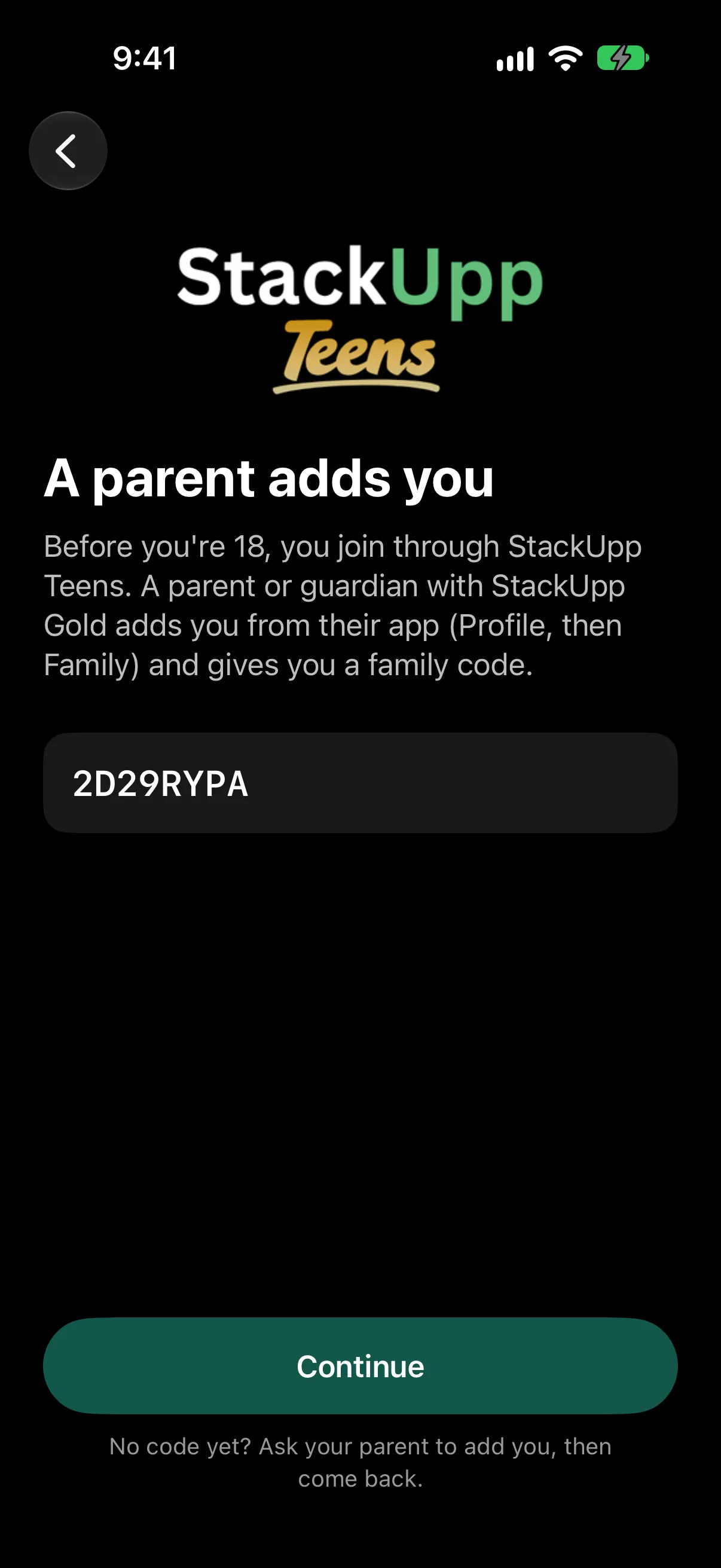 The sign-up screen asking for the family code from a parent