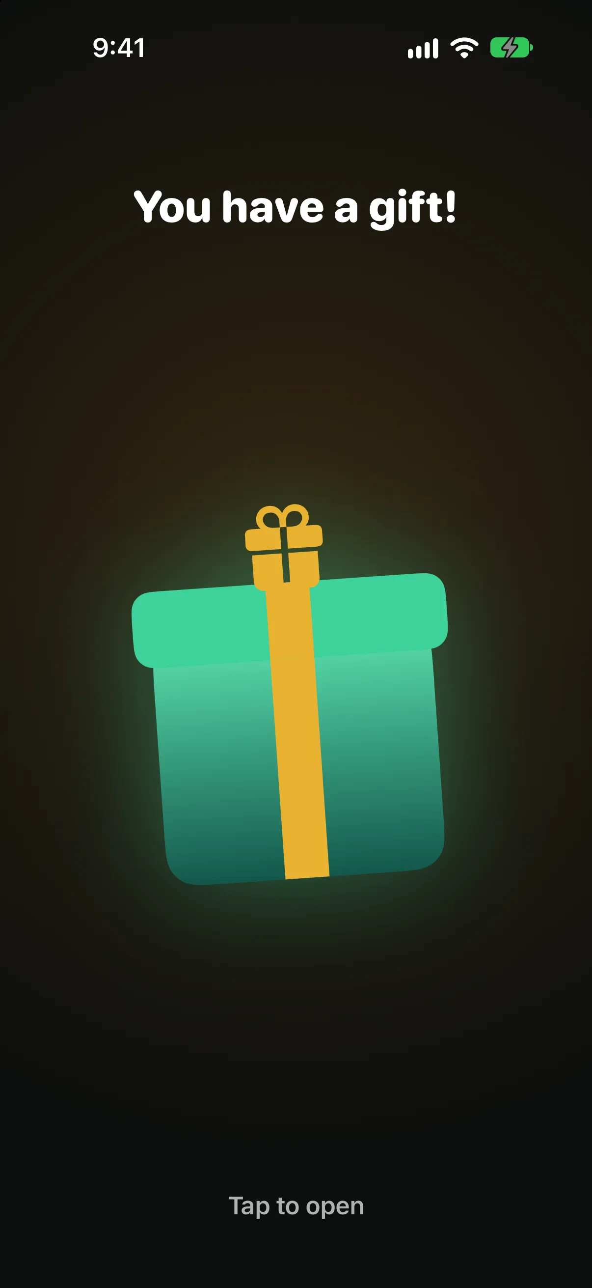 A wrapped gift on a black stage: Grandma sent you a gift, tap to open