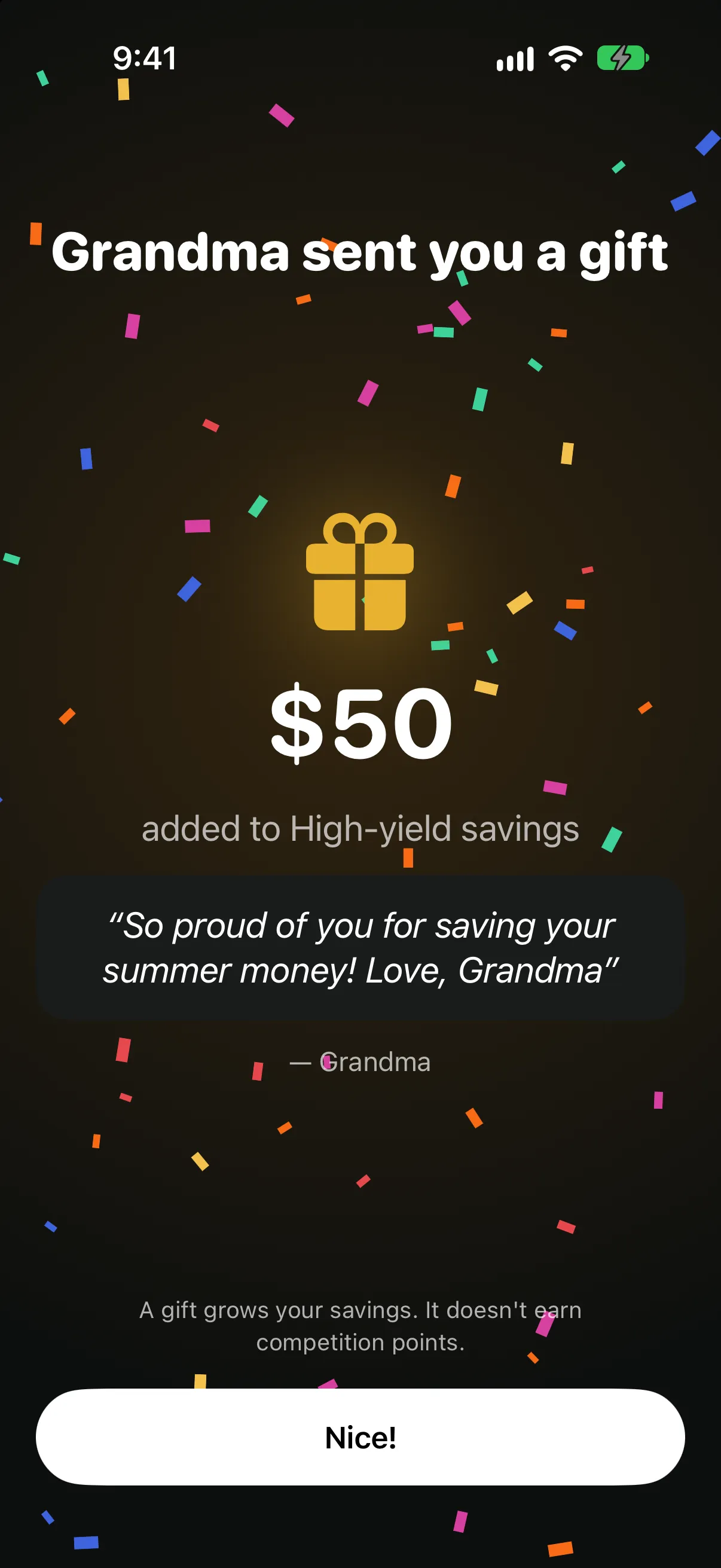 An opened gift from Grandma with confetti
