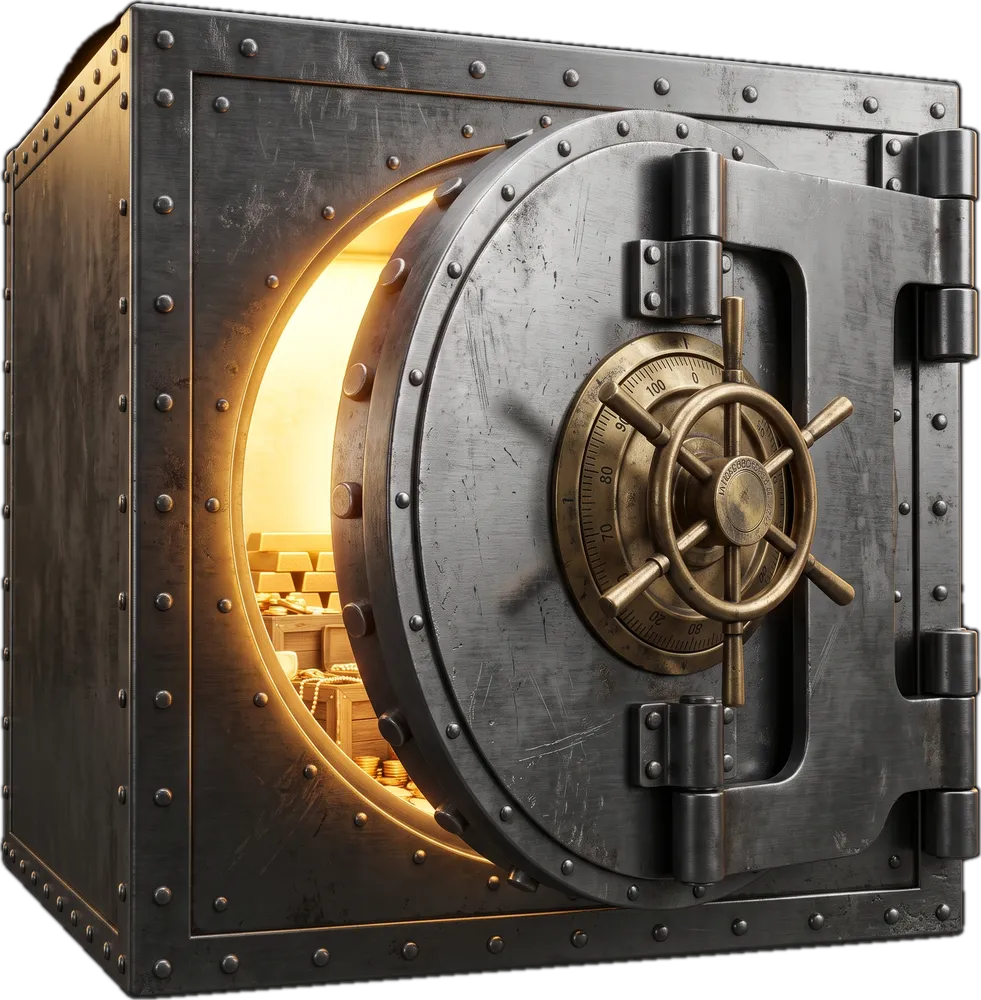 A steel vault with its door open, glowing gold inside